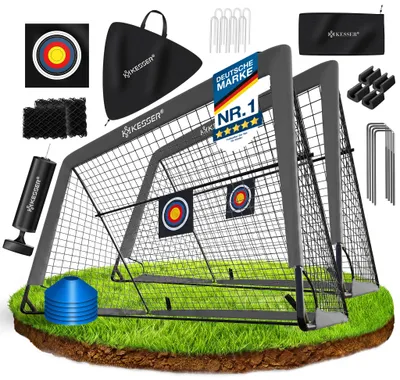 Image de Lot de 2 cages de football KESSER® | Superbe cadeau de football pour les enfants, pour l'intérieur et l'extérieur : antidérapantes - Accessoires d'entraînement inclus : cônes, cible, sac de sport, pompe à ballon, productTiles.product.images.aiGenerated