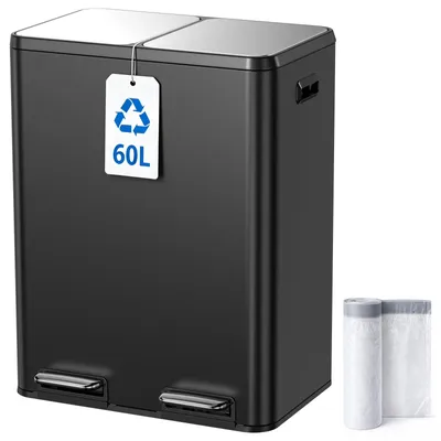 Image de Poubelle de cuisine, 60 litres, 2 compartiments de 30 litres, en acier inoxydable, avec pédale et système de fermeture en douceur, pour le tri des déchets