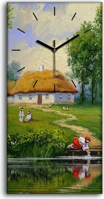 Produktbild von Wandbild Leinwand Bilder mit Uhr 30x60 Dorfbewohner Hütten Bäume Wasser - schwarze Hände