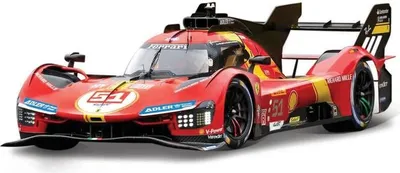 A red and yellow Ferrari 499P race car model.