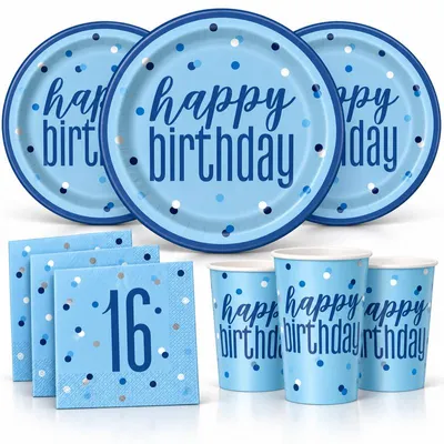 Produktbild von 16. Geburtstag Partyset Einweggeschirr hellblau blau 48 tlg. Partygeschirr Teller Becher Servietten