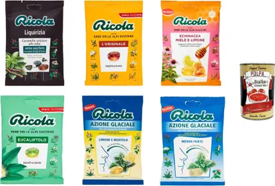 Produktbild von Ricola testpaket, original Schweizer Kräuter-Bonbons mit 13 Schweizer Alpenkräutern, wohltuender Genuss, 6x 70g + Italian Gourmet polpa 400g