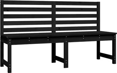 A black wooden garden bench with a slatted backrest, shown from the front against a white background.