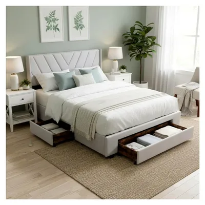 Produktbild von Polsterbett 160x200 mit 3 Schubladen, Doppelbett mit Stauraum und Lattenrost, Beige, 160x200cm
