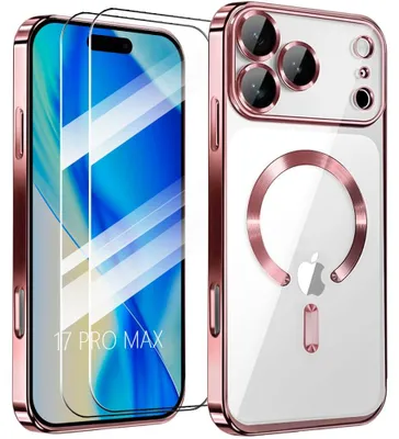Image de Coque + 2 Verres Trempés pour iPhone 17 Pro Max, Protection Silicone avec Cercle Magnétique Rose Brillant