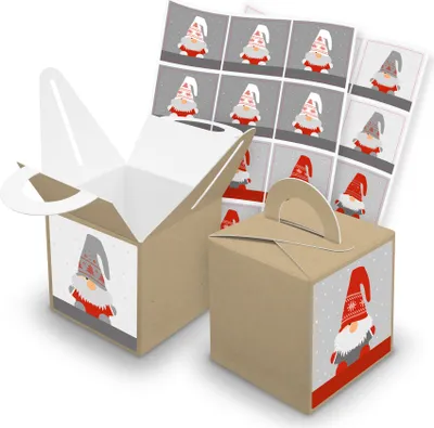 Produktbild von itenga SET V43 Wichtelbande quadratisch 24x Würfelbox mit Griff Braun + Sticker