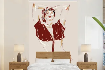 Produktbild von MuchoWow® Fototapete für Wohnzimmer oder Schlafzimmer Wandtapete Vinyl Motivtapete Porträt - Frau - Rot - Abstrakt - 145x220 cm - Wanddekoration
