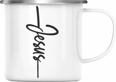 Produktbild von Trendation - Jesus Christus Emaille Tasse Bibel Geschenk Kreuz Glauben Kirche Christliche Geschenkidee (Silber)