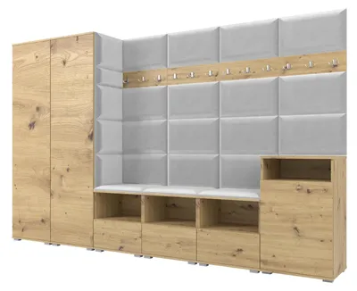 Produktbild von Garderobe NELA XII 300 cm Modulare Flurmöbel Artisan Eiche mit Sitzpolster Hellgrau 32 (Gigantisches Set)