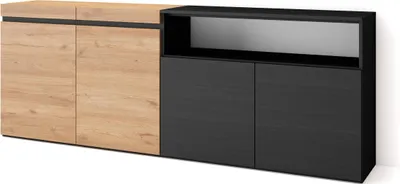 Produktbild von Sideboard, Highboard, 200x35x75cm, 4 Türen, Wohnzimmer, Küche, Eiche und Schwarz