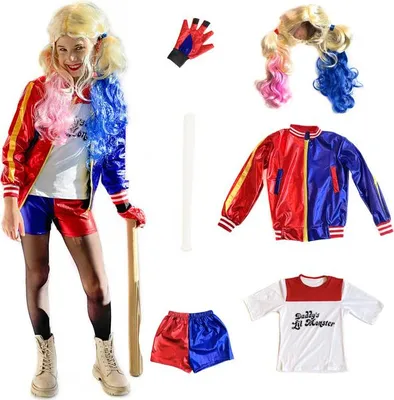 Produktbild von HARLEY QUINN Kostüm mit Perücke und Stock, 6 Teile, Größe 122-134