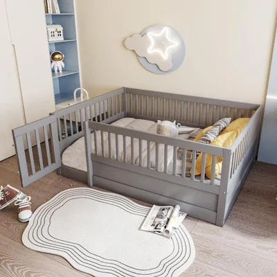 Productafbeelding van Kinderbed 140x200 cm, vloerbed van hout met spijlen en deur, houten bedframe grijs zonder lattenbodem, geschikt voor kinderkamers