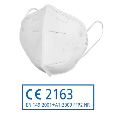 A white FFP2 mask is shown against a white background, with certification details below.