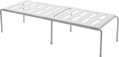 A white expandable shelf unit with legs on a white background.