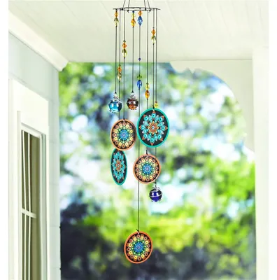Windspiel mit Blumenmotiv, bunte Glasperlen, tiefe Töne, 58 cm