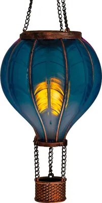 Produktbild von LED Solar Heißluftballon mit Flammeneffekt | Laterne mit 20 Lichter | Solarleuchte zum Aufhängen | inkl. Metallkette | Gesamthöhe ca. 40,5 cm (blau)