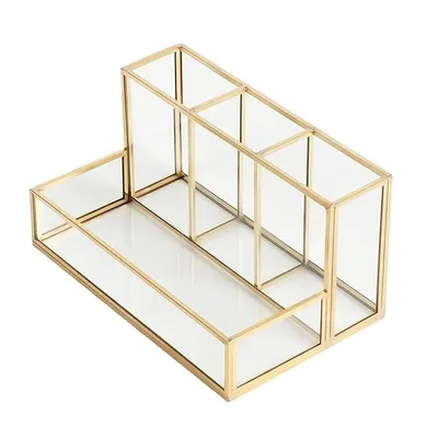 Produktbild von Kosmetik Organizer aus Glas mit Messingrahmen – Schminkaufbewahrung für Pinsel, Parfüm & Make-up, 20×14×10 cm, Gold