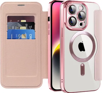 Obrázek produktu pro Pouzdro pro iPhone 14 Pro kompatibilní s MagSafe, průhledné pouzdro s držákem karet, kožené pouzdro s ochranou kamery Růžový