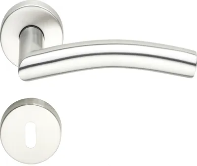 A stainless steel door handle and escutcheon plate are shown against a white background.