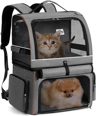 Zdjęcie produktu dla Plecak dla zwierząt na spacer, dwupoziomowy, dla kotów i psów do 11 kg, 40x32x50 cm, szary