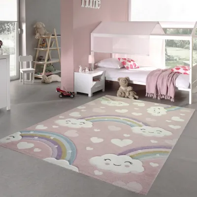 Obrázek produktu pro Koberec do dětského pokoje Koberec do dětského pokoje duha s mráčky a srdíčky v růžové barvě Velikost - 160 x 230 cm