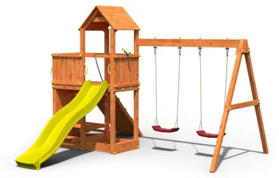Produktbild von Spielturm Floppi teakfarben inkl. Doppelschaukel + Rutsche gelb