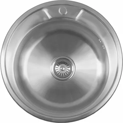 A top-down view of a round stainless steel sink with a drain in the center.