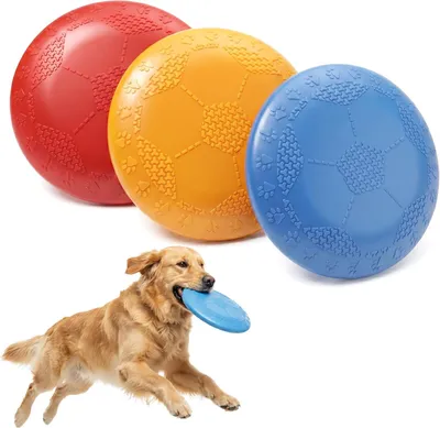 Produktbild von Hundespielzeug Frisbee 3 Stück, weicher Naturkautschuk, rot orange blau, für Wasserspiel