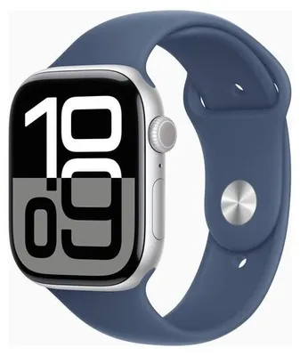 A close-up shot of an Apple Watch with a blue sport band.