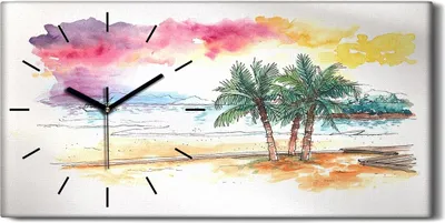 Produktbild von Wandbild Leinwand Bilder mit Uhr 60x30 Sonnenuntergang an den Strand Palmen - schwarze Hände
