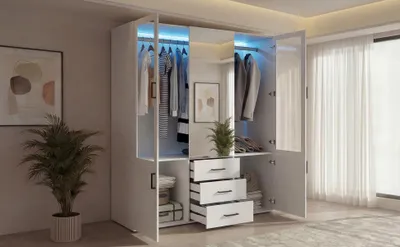 Image de Armoire ProximaX 130 x 51,8 x 181,5 cm, blanche, avec éclairage LED RGB, façades en verre, 3 tiroirs et 6 portes, pour chambre à coucher
