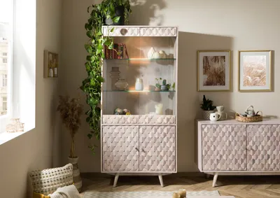 Produktbild von MASSIVMOEBEL24 Vitrine Akazie 90x42x190 weiß lackiert MOSAYK #214