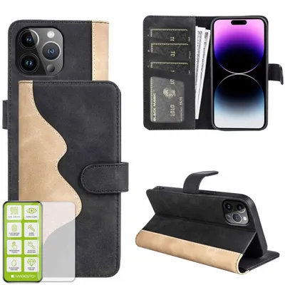 Obrázek produktu pro Pouzdro na mobilní telefon Apple iPhone 15 Pro, černé, z umělé kůže + tvrzené sklo H9