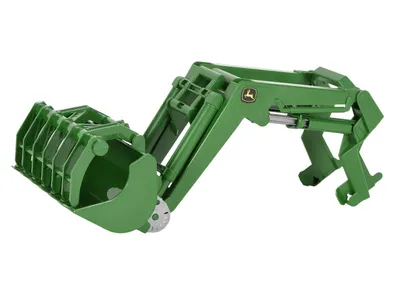 A green tractor loader attachment is shown against a white background.