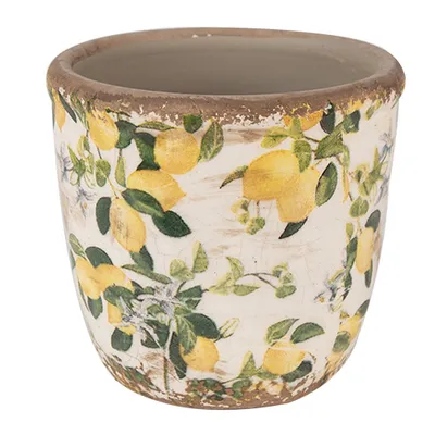 A ceramic pot with a lemon pattern.