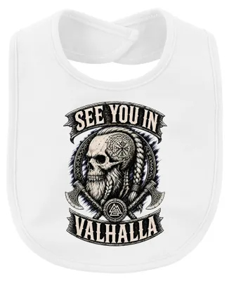 Imagen del producto de "Nos vemos en Valhalla". Vikingo. Cráneo. Barba. Hacha. Guerrero. Mitología. Bebé, blanco, talla única