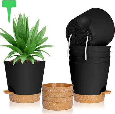 Image de 6 pots auto-arrosables de 20 cm de diamètre, de couleur noire, de style moderne, de forme ronde, en plastique, adaptés aux plantes d'intérieur