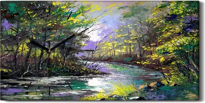 Produktbild von Leinwand Uhr Küche Wohnzimmer Bild Geräuschlos 60x30 Ölgemälde Wald Fluss Bäume - schwarze Hände
