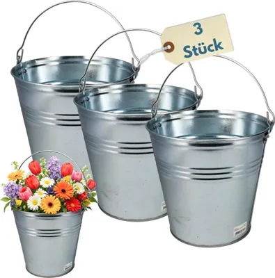 Produktbild von Zinkeimer Ascheeimer Metalleimer verzinkt Blecheimer für Garten Asche Eimer Blumentopf Metall Eimer 10 L Wassereimer Baueimer Futtereimer Garteneimer Dekoeimer 3 St.