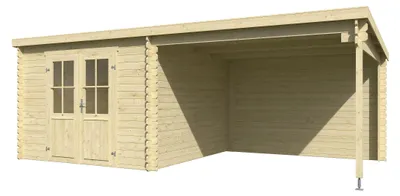 Produktbild von Lasita Gartenhaus Orlando Naturbelassen 280 x 280 cm Blockbohlenhaus mit Anbau, Pultdach, 28 mm Wandstärke, Fichtenholz, Doppeltür, Gartenhaus 16 1 m² Grundfläche