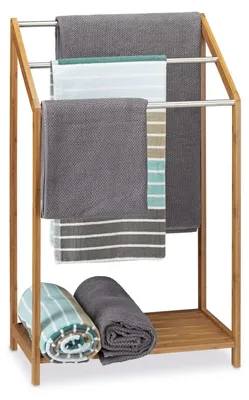 Image de Porte-serviettes sur pied porte-serviettes salle de bain - Bambou et métal - 3 barres - Naturel - 85 x 51 x 31 cm - Pour salle de bain