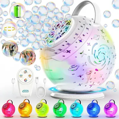 Produktbild von Seifenblasenmaschine mit Fernbedienung, 360° Rotation, LED 7 Farben, USB-C Akku, große Blasen, Kinder Spielzeug für Geburtstag & Party