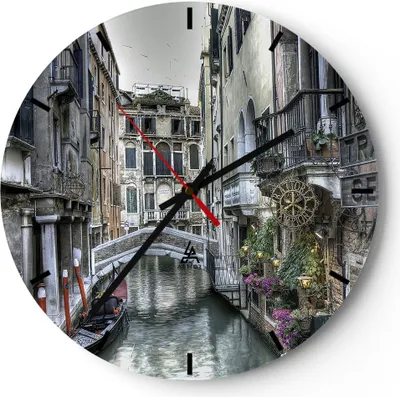 Produktbild von Wanduhr - Rund - Glasuhr - Venedig Brücke Wasser - 30x30cm - Schleichendes Uhrwerk - Lautlos - zum Aufhängen bereit - Dekoration Modern - Wanddekoration aus Glas - C3AR30x30-3522