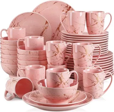 Produktbild von Porzellan Serviesset Rosa 48 Teile spülmaschinenfest und mikrowellenfest