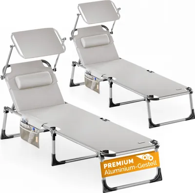 Produktbild von CASARIA® 2er Set Sonnenliege Klappbar Aluminium Wetterfest Gartenliege mit Sonnendach Seitentasche Kissen bis 180 kg Garten Liegestuhl Leicht Creme