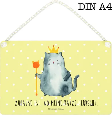 Produktbild von Mr. & Mrs. Panda holzbild Katze König DIN A4 - Gelb Pastell - Geschenk, Katzen, Wohnung, Türschild, Cats, Krone, Schild, Holzschild, kleine aufmerksamkeit, wandtafel