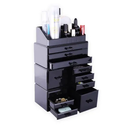 Produktbild von Confibel XXL Make-up-Kosmetik-Organizer aus Acryl – verstellbare Schubladen – Schmuck-/Make-up-/Kosmetik-Organizer – 11 Fächer – Schwarz