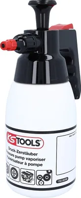 A white pump spray bottle with black and red accents, labeled with product information and icons.