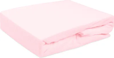A folded pale pink fitted sheet on a white background.