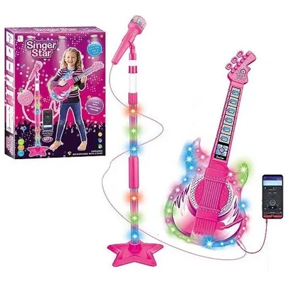 Zdjęcie produktu dla Mikrofon Na Statywie Z Gitarą Zestaw Do Karaoke Gitara Światło Dźwięk